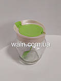 Скляна ємність 550 мл зелена для харчових продуктів з пластиковою кришкою і ложкою Everglass, фото 3