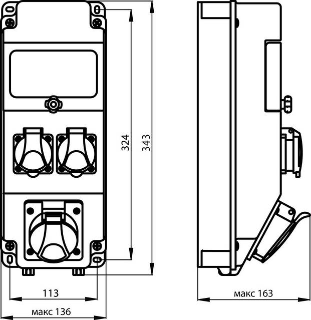 Щит з розетками 16A 3P, 2xSchuko 5 модулів IP44 SEZ ROS 5/x