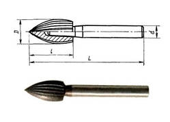 Борфреза твердосплавна сфероконическая з загостреним кінцем (тип G) 16 мм хвостовик 8мм одинарна насічка