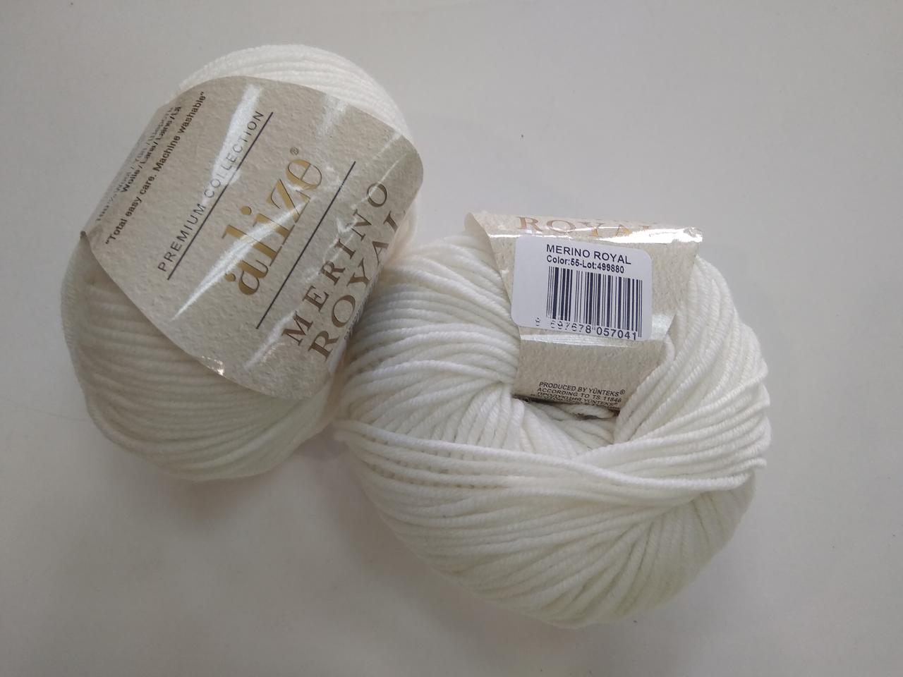 Пряжа для в'язання Alize Меріно Роял (Merino Royal) білий 55, 1 моток 50г, фото 1