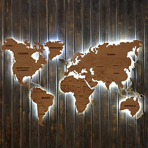 Дерев'яна карта Світу з холодною LED-підсвіткою і гравіюванням 170х100 см