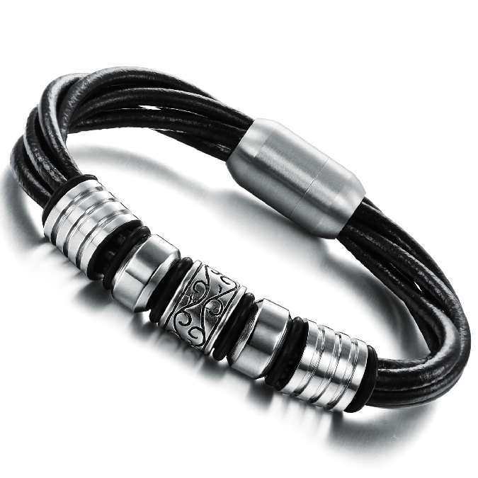 Шкіряний браслет "Талісман" з сталевими вставками, фото 1