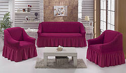 МНОГО ВІДТІНКІВ! Набір чохлів для м'яких меблів на диван і 2 крісла зі спідничкою рюшами фіолетовий/слива Туреччина