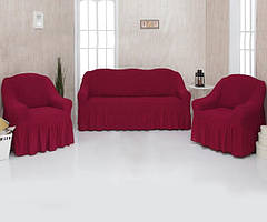 БАГАТО ВІДТІНКІВ! Набір чохлів для м'яких меблів на диван і 2 крісла зі спідничкою рюшами бордовий Туреччина