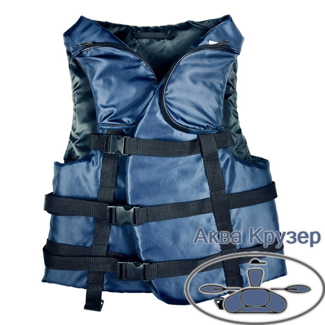 Жилет страховочный спасательный 80-100 кг с карманами цвет синий сертифицированный для лодки - фото 1 - id-p1197106889
