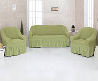 МНОГО РАСЦВЕТОВ! Набор чехлов для мягкой мебели на диван и 2 кресла с юбочкой рюшами оливковый Турция