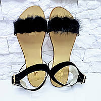 Стильные женские сандалии на низкой подошве замшевые с мехом норки черные, 34-42 размер