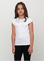 Дитяча шкільна блуза для дівчинки з трикотажу, білий, синій, молочний №19598| 122-152р.