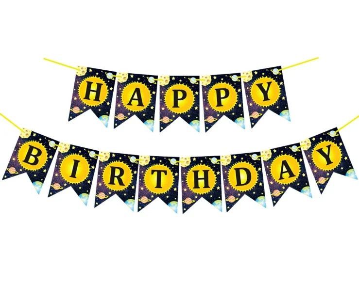 Гірлянда із прапорців Happy Birthday космічна, 3 метри