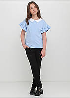 Дитяча шкільна блуза для дівчинки з трикотажу білий,молочний, голубий, рожевий, синій №19592| 128-146р.