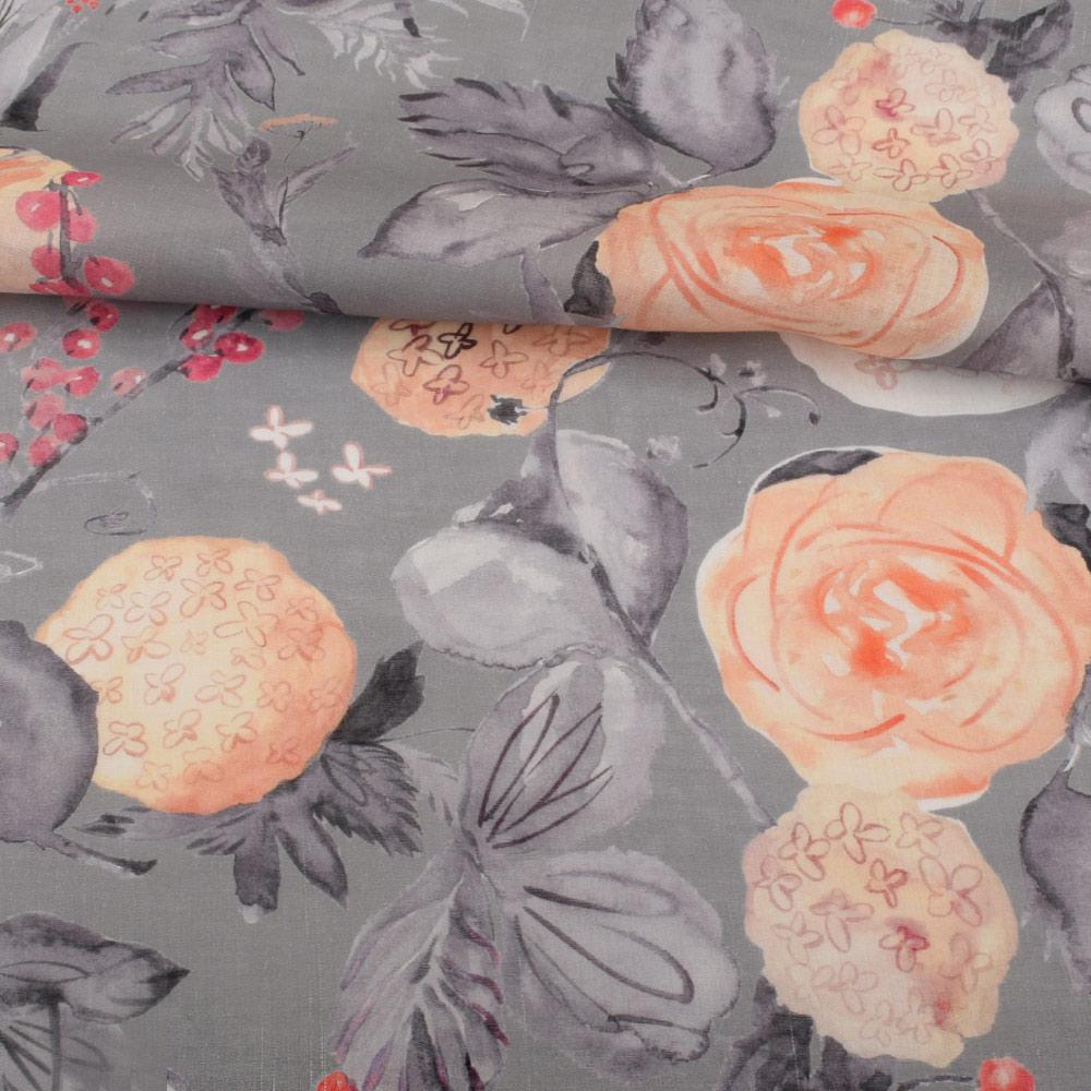 Льон сірий, акварельні персикові і сірі квіти, ш.142