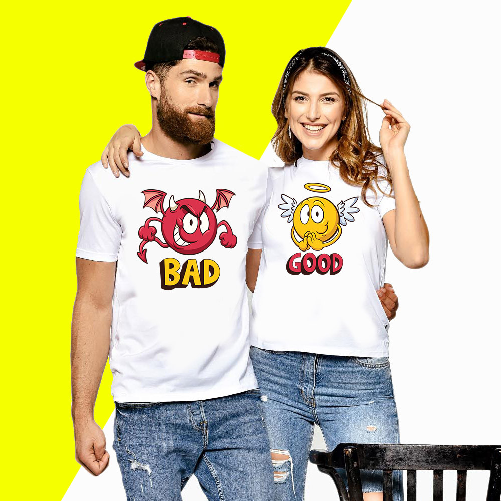 Парні футболки з принтом Смайли "Good та Bad" Push IT XS, Білий