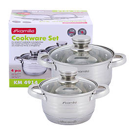 Набір каструль Kamille з нержавіючої сталі 4 предмета для індукції і газу (1.5 л, 2.0 л) KM-4914
