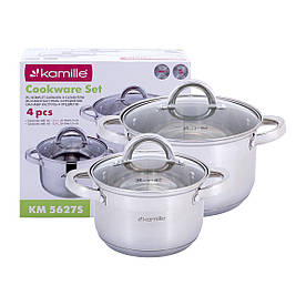 Набір каструль Kamille з нержавіючої сталі 4 предмета для індукції і газу (2.1 л, 2.8 л) KM-5627S
