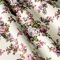 Декоративна тканина з рожевими і бузковими бутонами троянд на бордових гілочках з тефлоном 82193v8