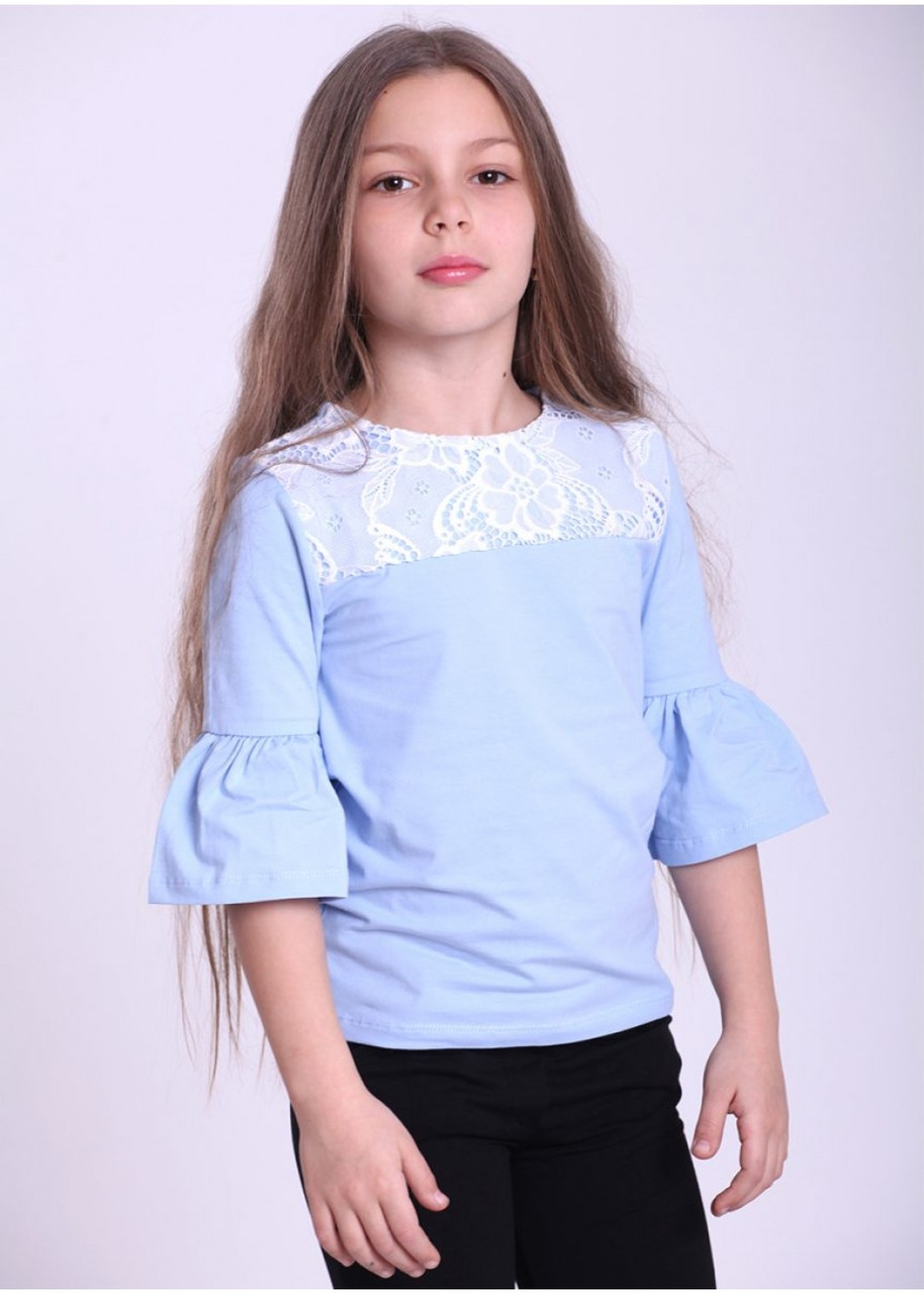 Дитяча шкільна блуза для дівчинки з трикотажу, блакитна, молочна, рожева, біла №18580| 128-152р.