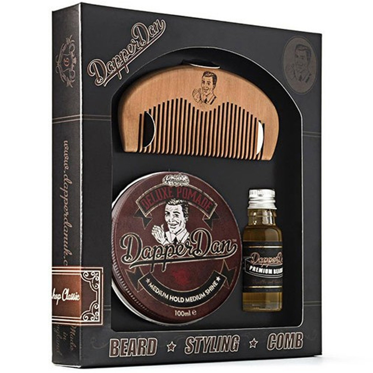 Подарунковий набір Dapper Dan Hairy Man Combo — гребінь, олія д/бороди 15 мл, heavy hold pomade 100 г