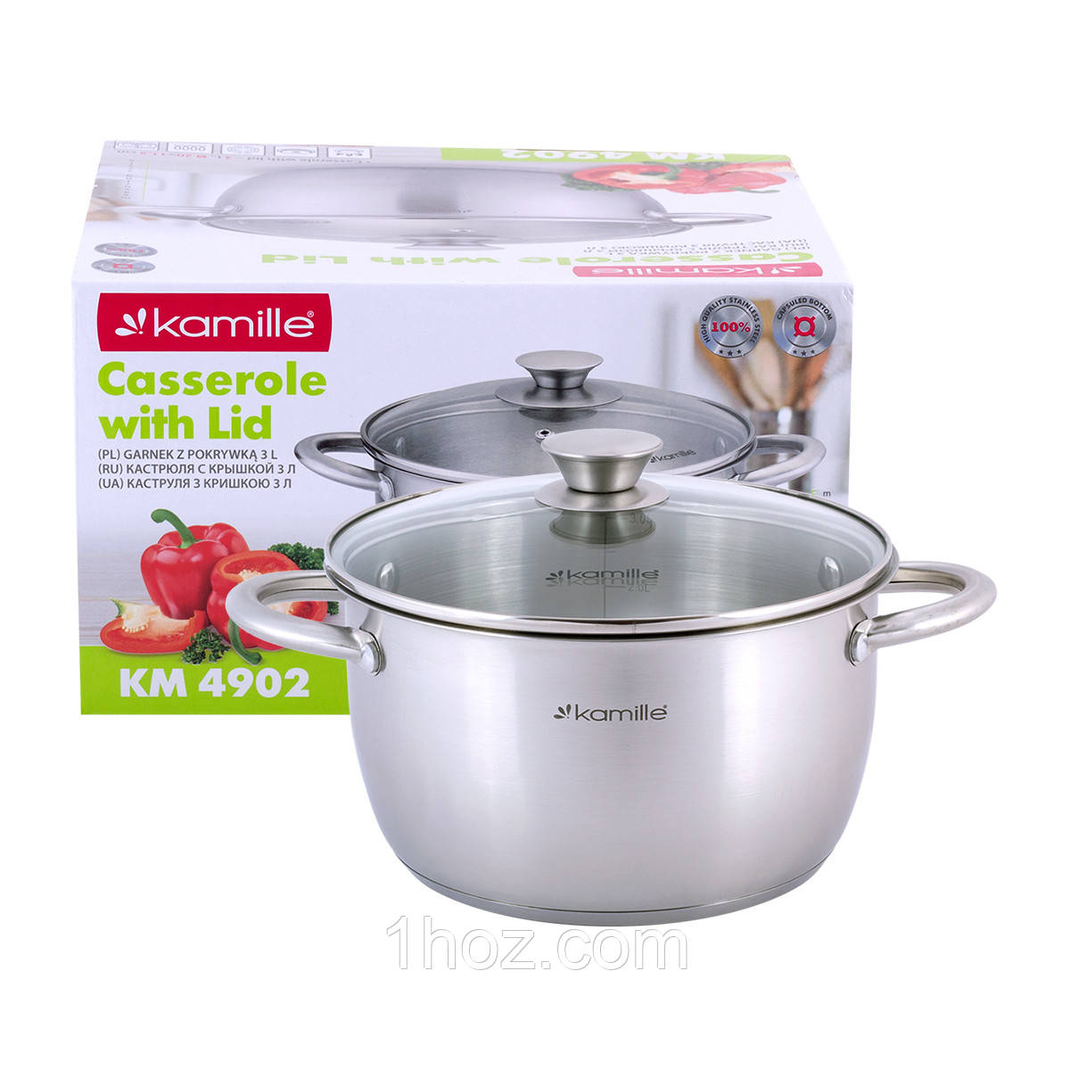 Каструля з кришкою Kamille KM-4902 3.0л Каструлі з нержавіючої сталі Каструлька зі скляною кришкою