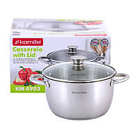 Каструля з кришкою Kamille KM-4902 3.0л Каструлі з нержавіючої сталі Каструлька зі скляною кришкою