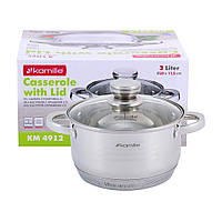 Каструля з кришкою Kamille KM-4912 3.0л Каструля з нержавіючої сталі Каструлі для дому Каструля з нержавійки