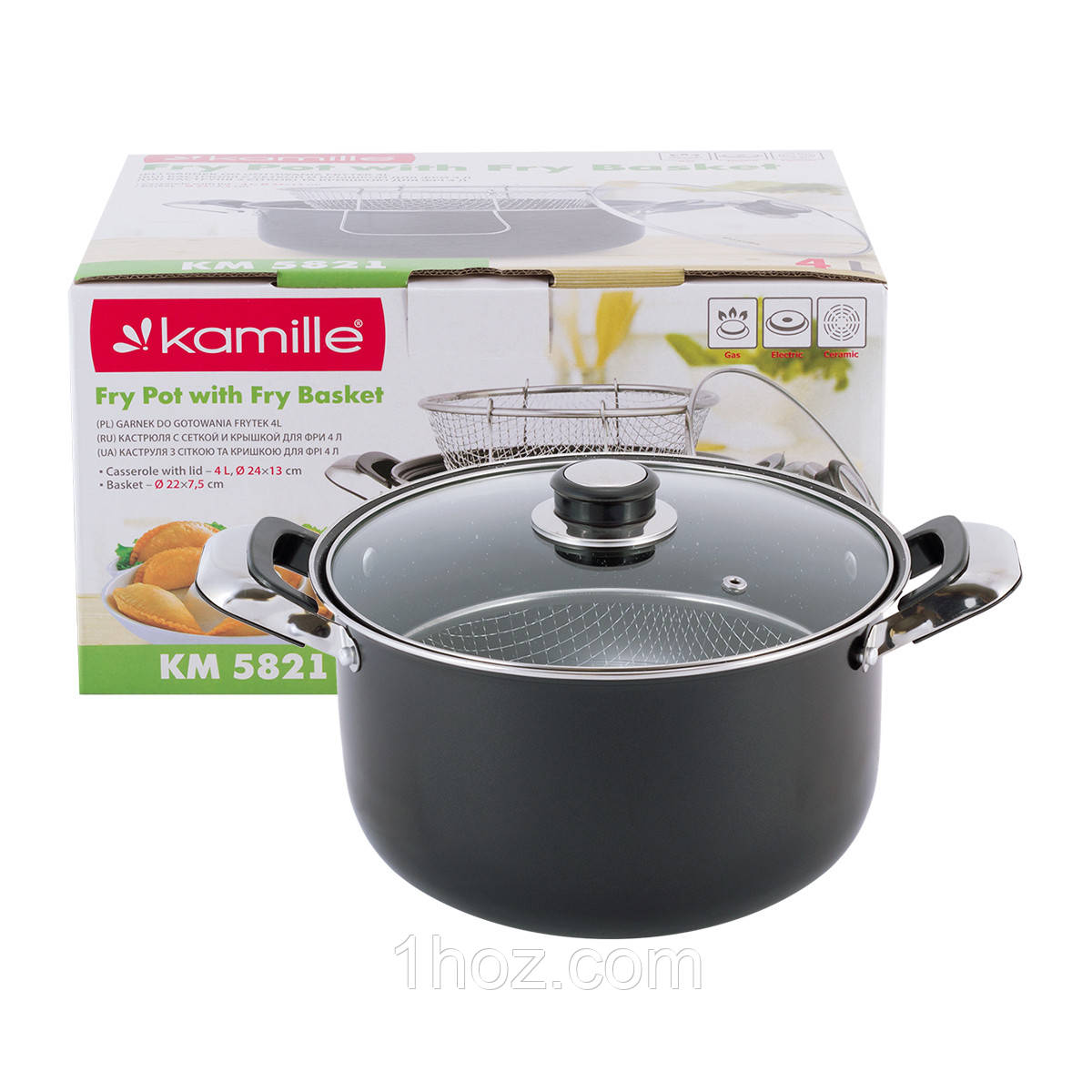 Каструля з кришкою Kamille KM-5821 4л Каструля для фритюру Якісна каструля Каструля зі скляною кришкою