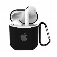 Чехол для AirPods/AirPods 2 silicone case with Apple Black с карабином(Черный)