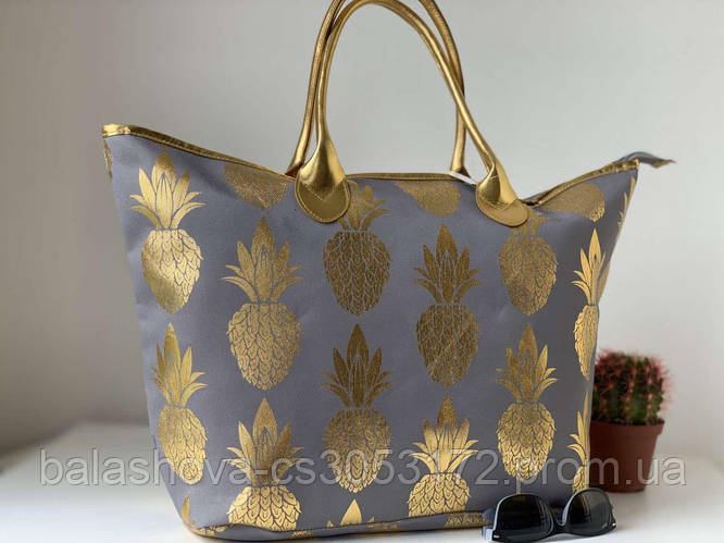 Купить Тканевая женская сумка летняя большая Серая с узором ананас ...