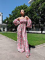 Платье макси женское декольте на резинке и с пышными рукавами в цветочный принт Smvk4351