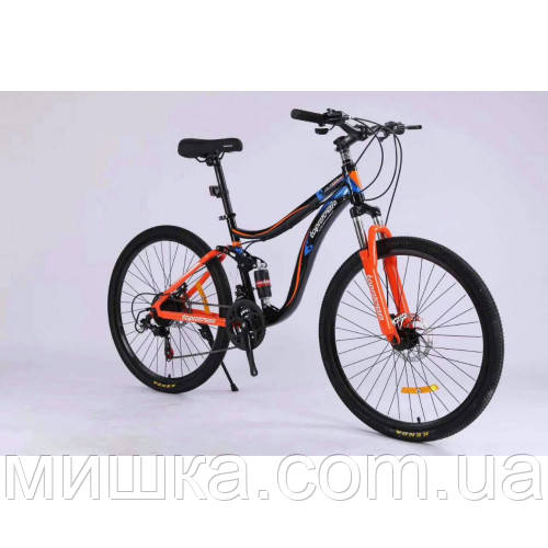 Велосипед спортивний двопідвісний TopRider-910 26" синьо-жовтогарячий