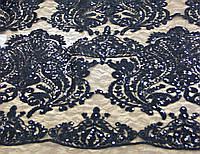 Кружево на сетке корона, черного цвета с паетками Y 137