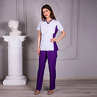 Женский медицинский костюм с коротким рукавом Ариша белый с фиолетовыми брюками