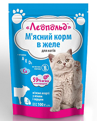 М'ясне асорті Леопольд (для котів з ягням і серцем), 100г.