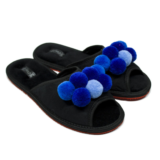 Тапки жіночі домашні відкриті на підошві "Синій помпон" чорний, фото 1