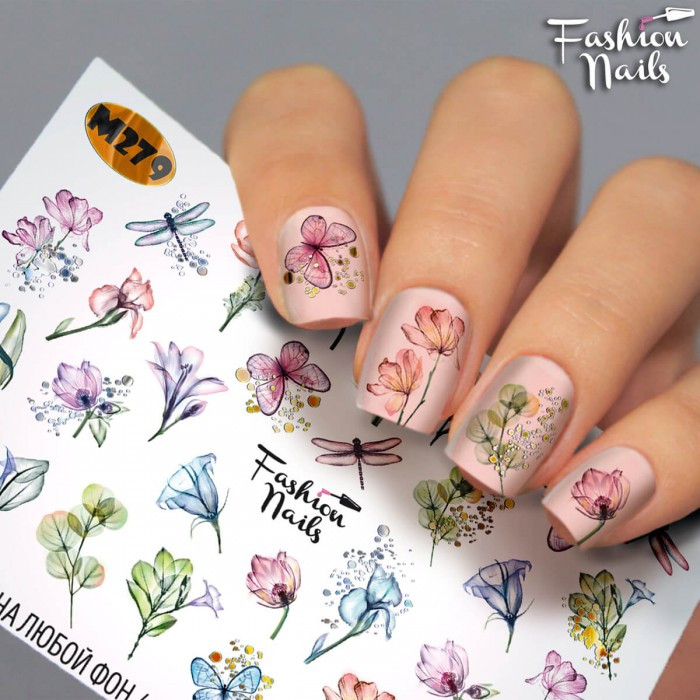 Слайдер-дизайн КВІТИ Fashion Nails - наклейки для нігтів - Квіти, Метелики, Бабки