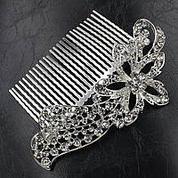 Гребінець для волосся сріблястий металевий зі стразами великої квіточок 12,5х9,5 см