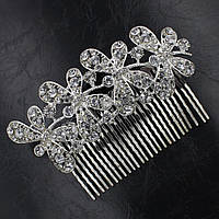 Гребешок для волос серебристый металлический с хрустальными камушками бабочки 8х12,5 см