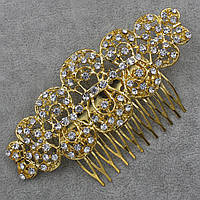 Гребінець для волосся золотистий металевий із кришталевим камінням на 12 зубців розмір 6,5х12 см