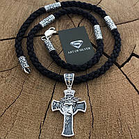 Шовковий шнурок зі срібним 925 хрестом і вставками з чорнуванням