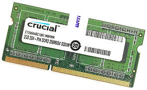 Оперативна пам'ять для ноутбука Crucial SODIMM DDR3 2Gb 1066MHz 8500S 1R8 CL7 (CT25664BC1067.M8FMR) Б/У