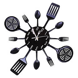 Настінні годинники на кухню Ложки-Виделки "Fork" - Вражаюча прикраса для кафе та кухні (Метал, 40 х 40 см) Чорний