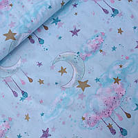 Бавовна Преміум хмари і зірки з глітером на м'ятному (компньон до единорожкам), ш. 160 см