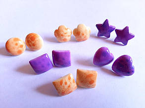 Сережки пластикові, пусети "Мікс" Колір бузок, жовтогарячий 6 пар