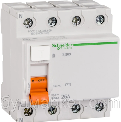 Выключатель автомат. диференц. нагрузки ВД63 4П 25A 30МA Schneider 11460