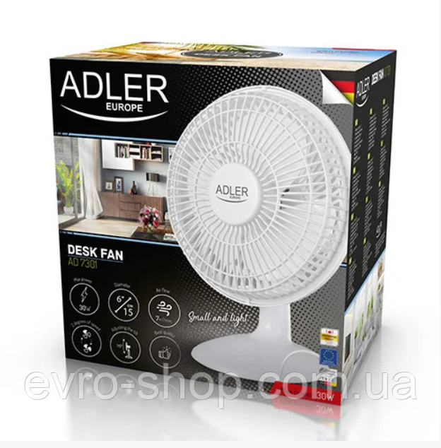ВЕНТИЛЯТОР НАСТІЛЬНИЙ ADLER AD 7301 ДІАМ 15 СМ, фото 1