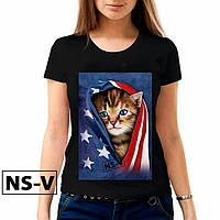 Женская футболка с принтом котика в американском флаге