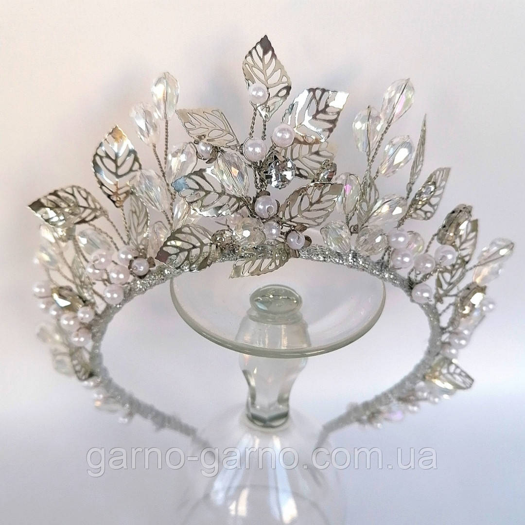 Корона кришталева з перлами намистинами прозора тіара діадема німфа ручної роботи, найкращої прикраси