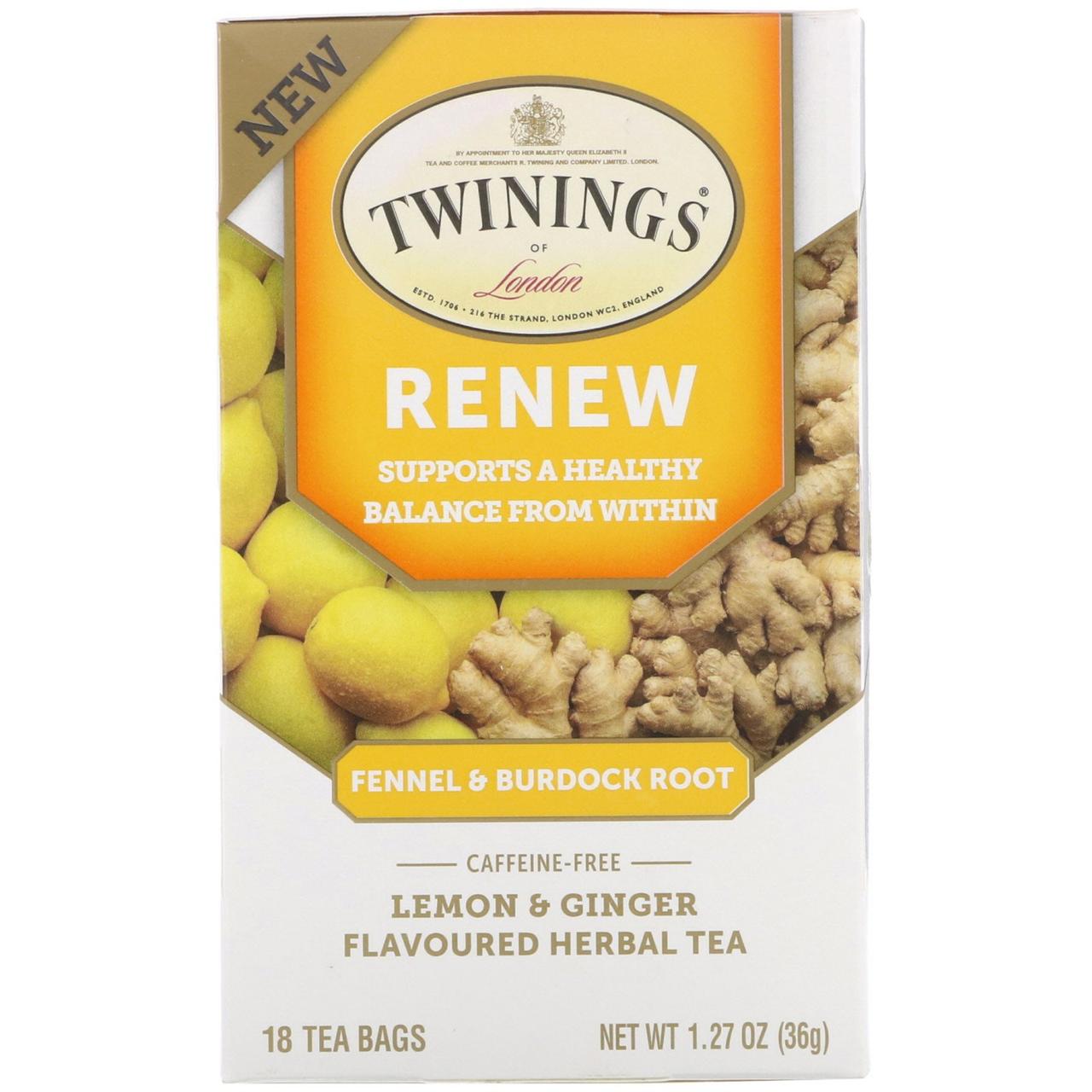 Twinings, Renew, Herbal Tea, Fennel & Burdock Root, Caffeine Free, 18 Tea Bags, 1.27 oz (36 g)