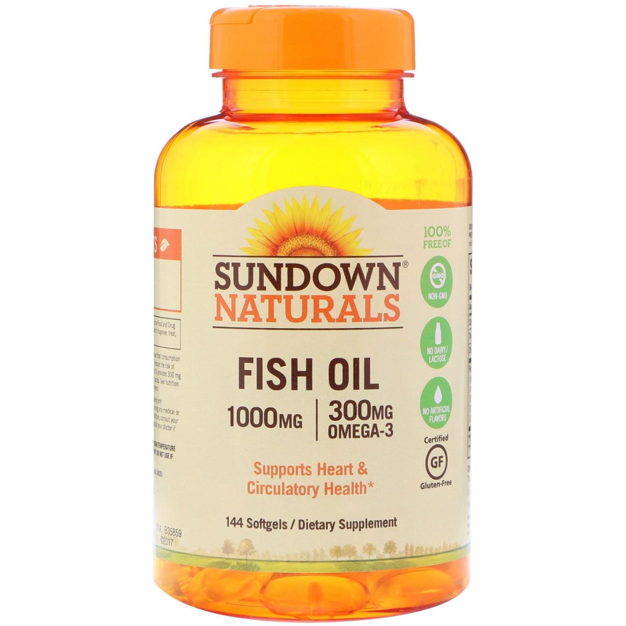 ОРИГИНАЛ!Омега-3 Omega-3 Рыбий жир Sundown Naturals 1000 мг,144 мягких капсулы производства США - фото 1 - id-p1199324872