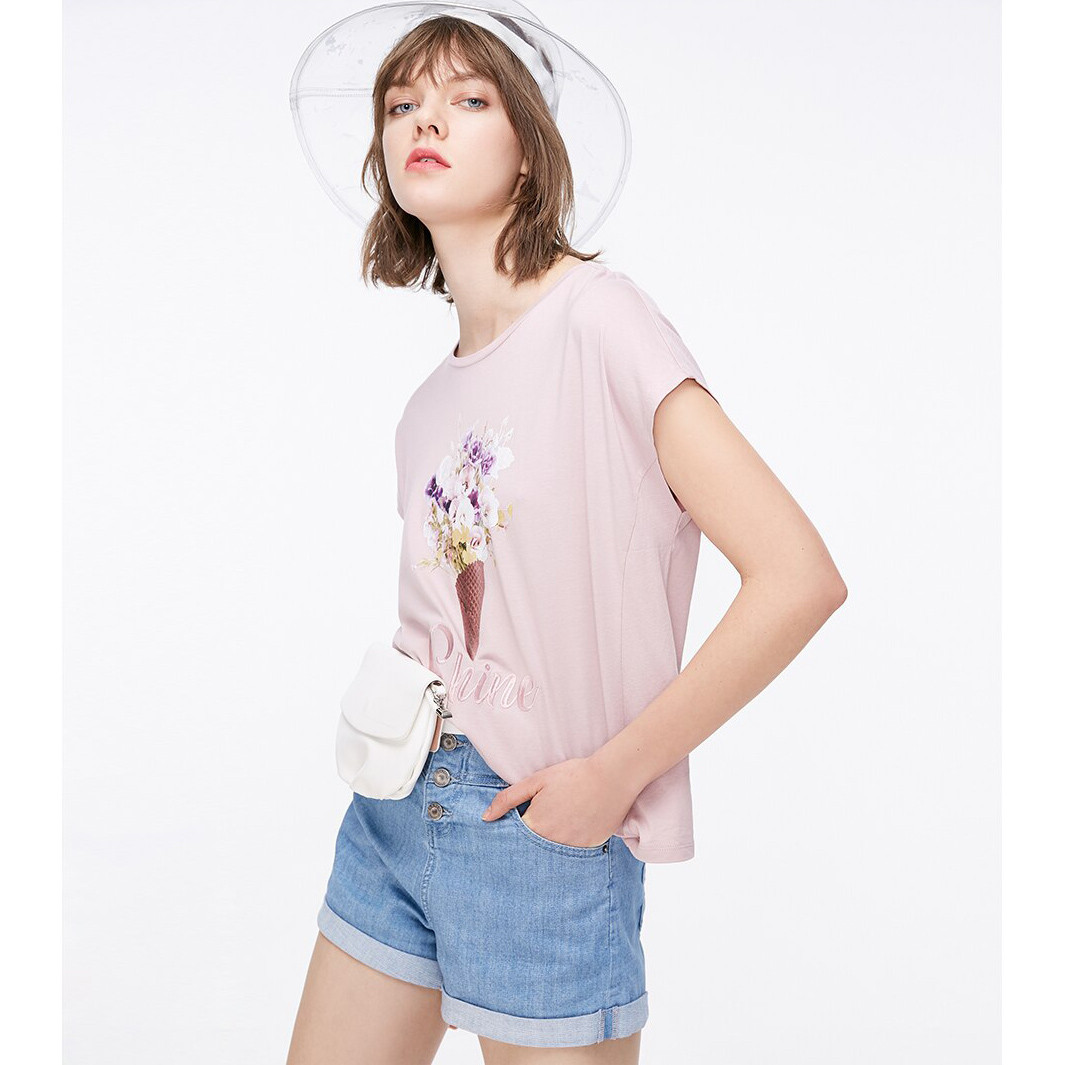 Футболка жіноча з принтом Квіти річна бавовняна ONLY, розмір M (рожева), фото 1