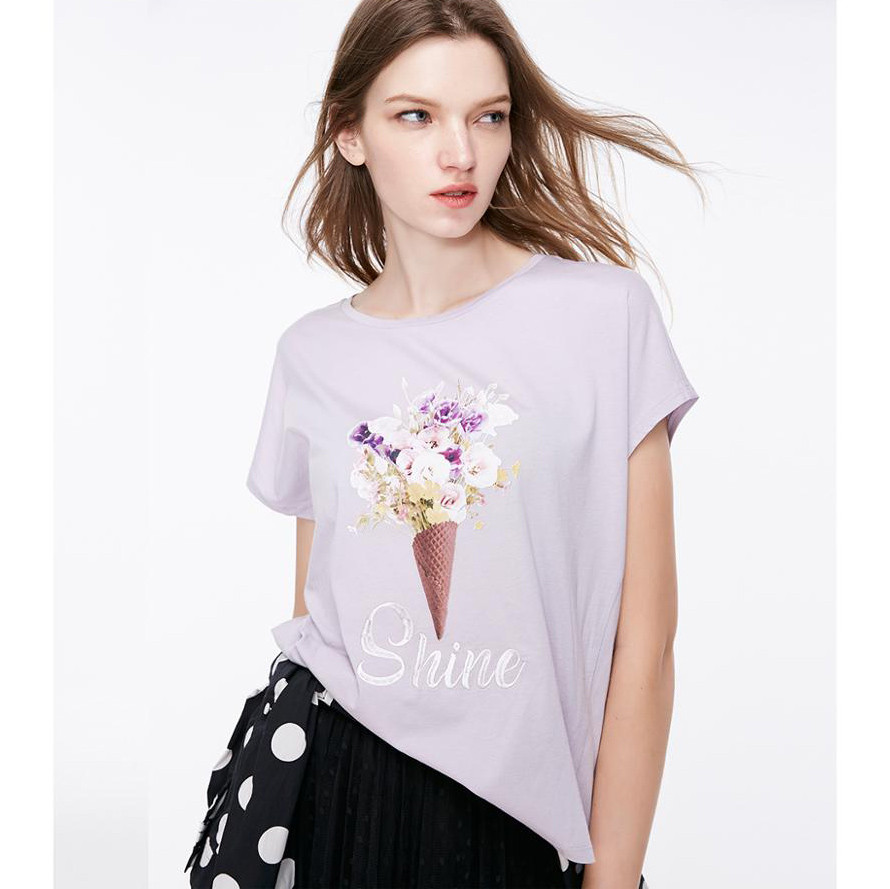 Футболка жіноча з принтом Квіти річна бавовняна ONLY, розмір M (бузкова), фото 1